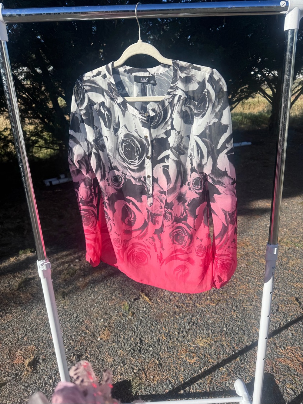 A.N.A. Floral Ombré long-sleeve blouse-Pink/Black/White background.